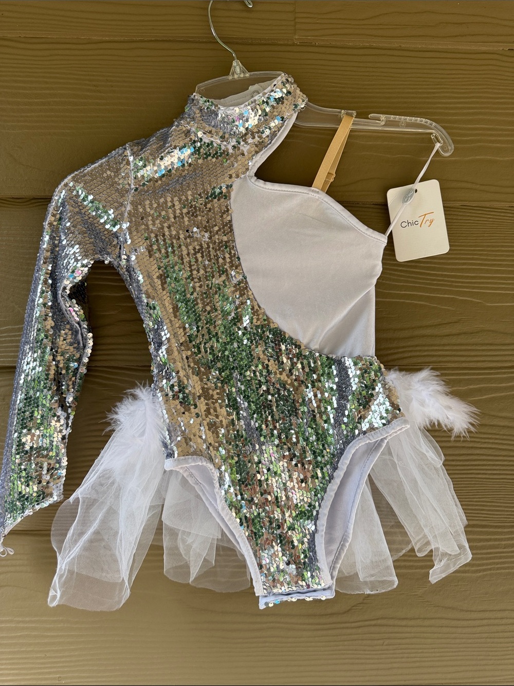 Chic Try Girls One-Shoulder Sequin White Tulle Feathers Dance Leotard Bodysuit 6